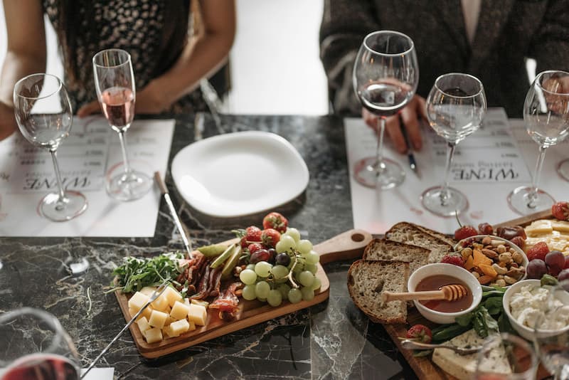 Wine tasting session setup with charcuterie board